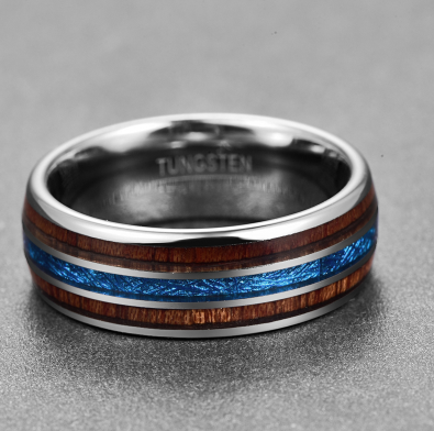 Oceanwood Tungsten Band – Blue Inlay Men’s Ring