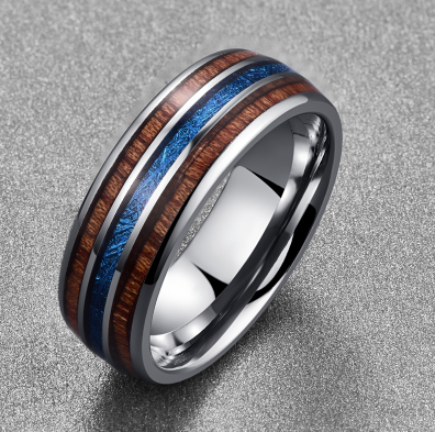 Oceanwood Tungsten Band – Blue Inlay Men’s Ring