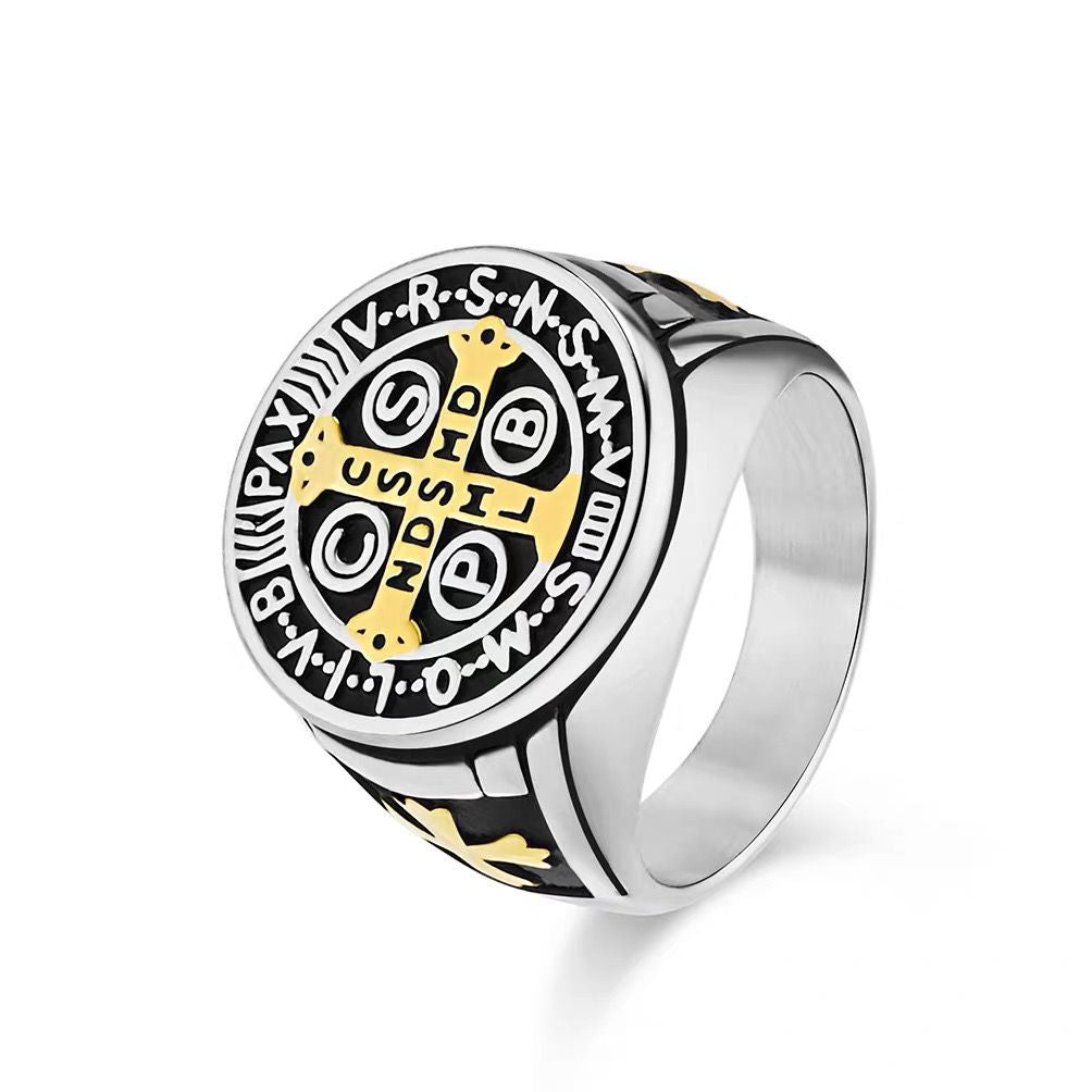 Benedictus Cross Ring – Dual-Tone Saint Medal Band